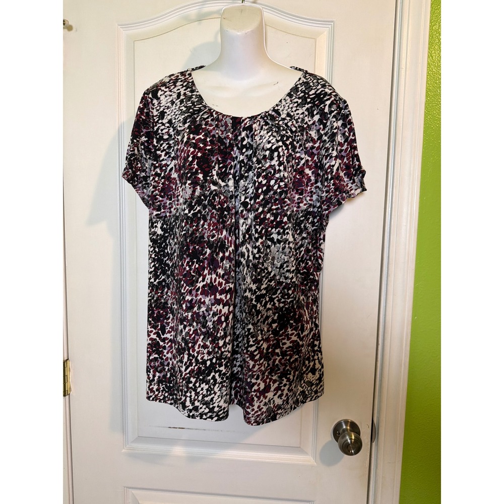 Worthington Woman Stretch 3X Short Sleeve Abstract Print Blouse Burgundy Black